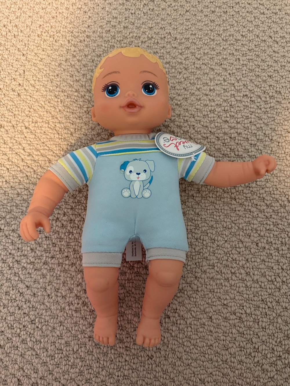 My Sweet Love Walmart Blue Baby Doll Plush Soft-Body Toy NEW with Puppy Graphic